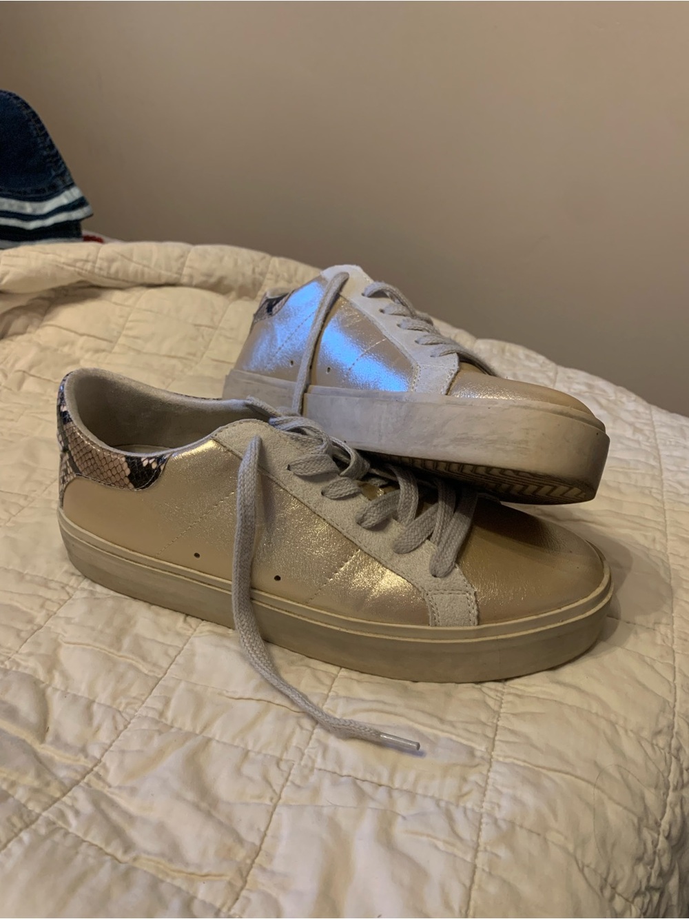 Women's Metallic Gold Low-Top Sneakers with Snakeskin Accent